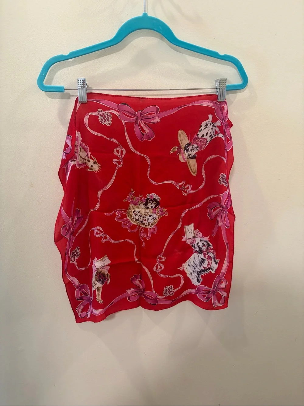 Silk Red Printed Scarf with Ribbon‎ and Floral Motif, Elaine Gold